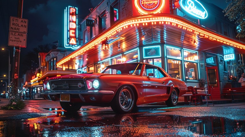 A luxury car with a retro design, parked in front of a classic diner with neon signs Aesthetics (49)
