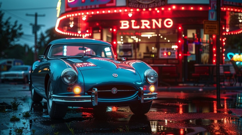 A luxury car with a retro design, parked in front of a classic diner with neon signs Aesthetics (101)