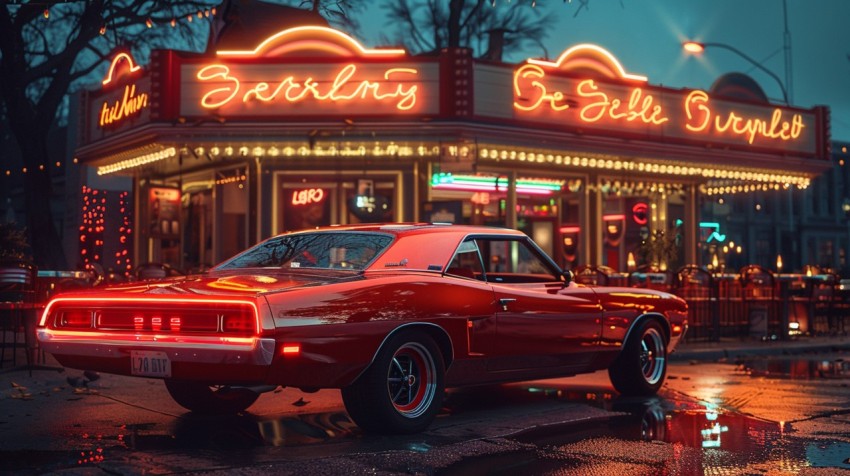 A luxury car with a retro design, parked in front of a classic diner with neon signs Aesthetics (102)