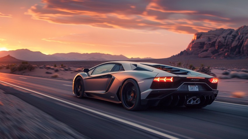 A luxury sports car speeding along an open highway through a desert landscape at twilight Aesthetics (28)