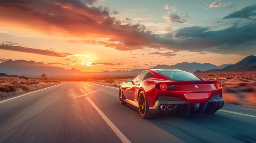 A luxury sports car speeding along an open highway through a desert landscape at twilight Aesthetics (30)