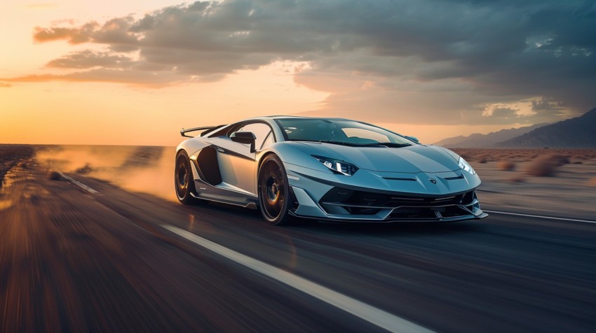 A luxury sports car speeding along an open highway through a desert landscape at twilight Aesthetics (18)