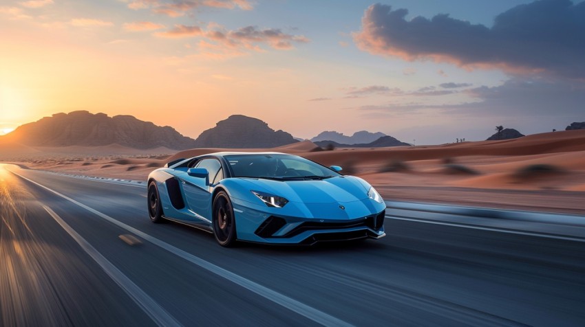 A luxury sports car speeding along an open highway through a desert landscape at twilight Aesthetics (59)