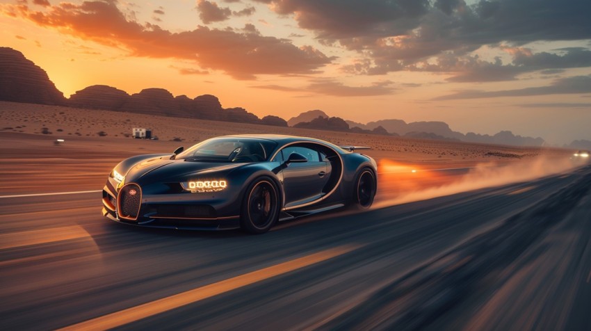 A luxury sports car speeding along an open highway through a desert landscape at twilight Aesthetics (72)