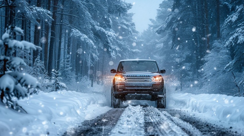 A luxury SUV driving through a snowy forest, with snowflakes gently falling,car wallpaper (29)