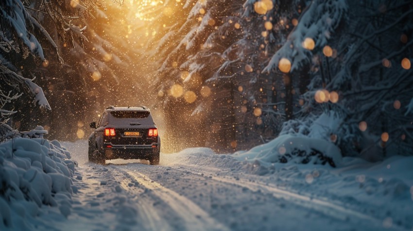 A luxury SUV driving through a snowy forest, with snowflakes gently falling,car wallpaper (46)