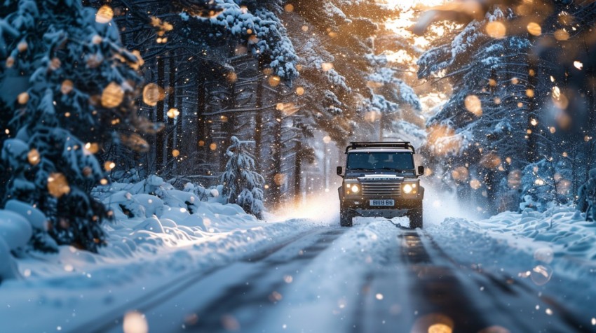 A luxury SUV driving through a snowy forest, with snowflakes gently falling,car wallpaper (38)