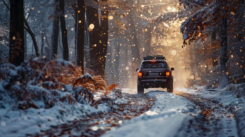 A luxury SUV driving through a snowy forest, with snowflakes gently falling,car wallpaper (70)