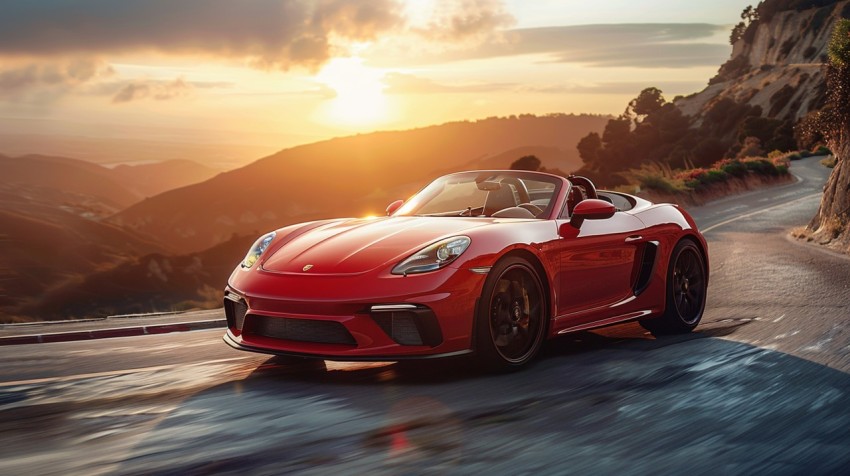 A red sports car driving through a scenic mountain pass, with the sun setting in the background ,car wallpaper (8)