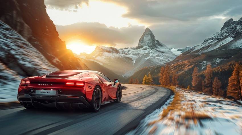 A red sports car driving through a scenic mountain pass, with the sun setting in the background ,car wallpaper (23)