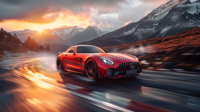 A red sports car driving through a scenic mountain pass, with the sun setting in the background ,car wallpaper (71)