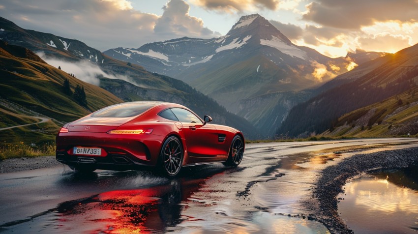 A red sports car driving through a scenic mountain pass, with the sun setting in the background ,car wallpaper (75)