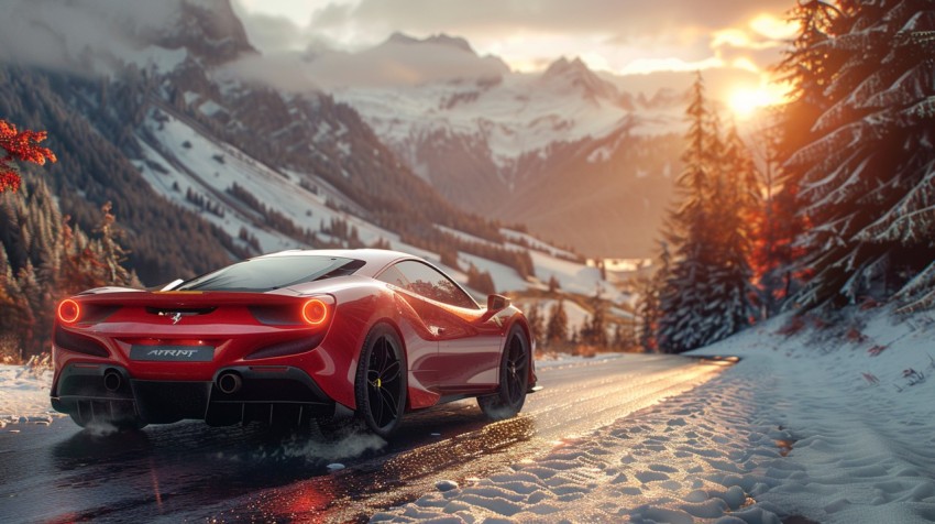 A red sports car driving through a scenic mountain pass, with the sun setting in the background ,car wallpaper (50)