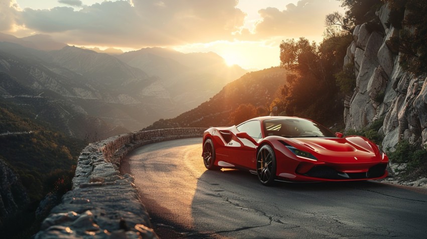 A red sports car driving through a scenic mountain pass, with the sun setting in the background ,car wallpaper (106)