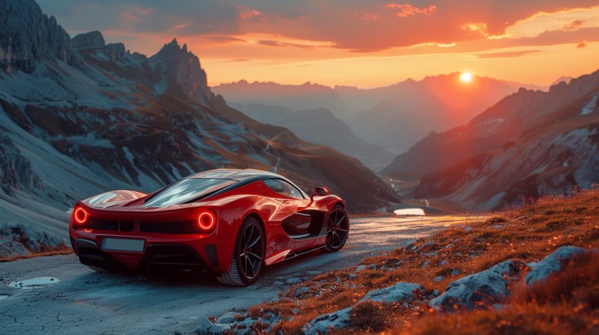 A red sports car driving through a scenic mountain pass, with the sun setting in the background ,car wallpaper (97)