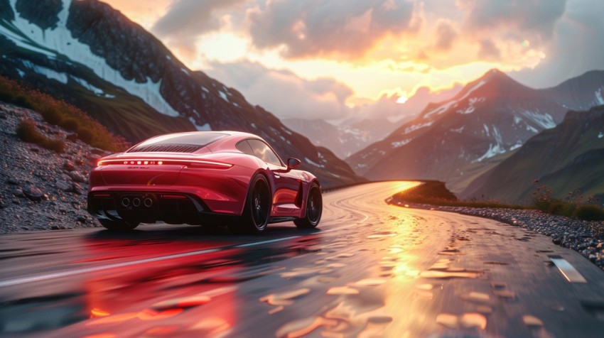 A red sports car driving through a scenic mountain pass, with the sun setting in the background ,car wallpaper (108)