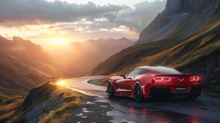 A red sports car driving through a scenic mountain pass, with the sun setting in the background ,car wallpaper (95)