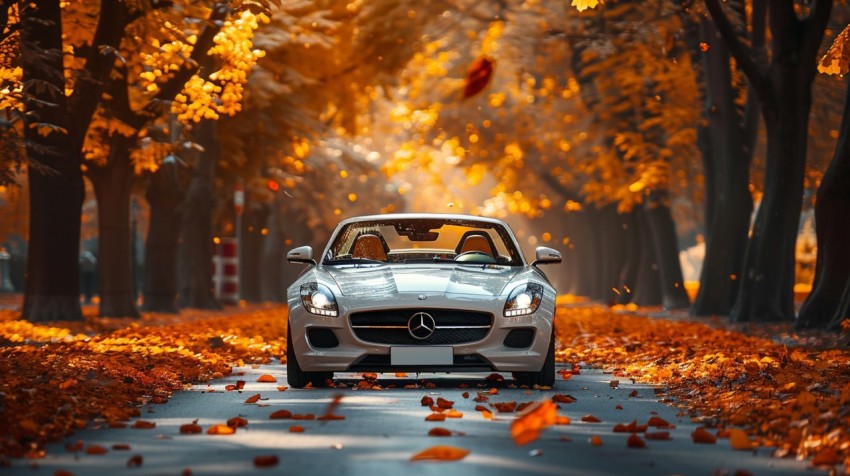 A white convertible cruising down a tree lined boulevard with autumn leaves falling around it ,car wallpaper Aesthetics (20)