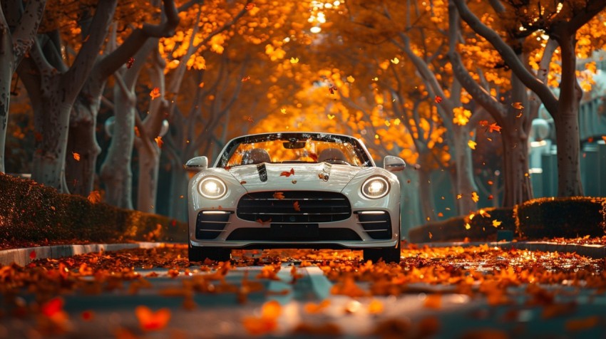 A white convertible cruising down a tree lined boulevard with autumn leaves falling around it ,car wallpaper Aesthetics (27)