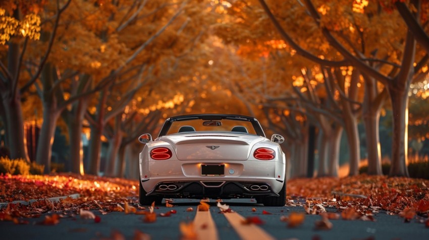 A white convertible cruising down a tree lined boulevard with autumn leaves falling around it ,car wallpaper Aesthetics (52)