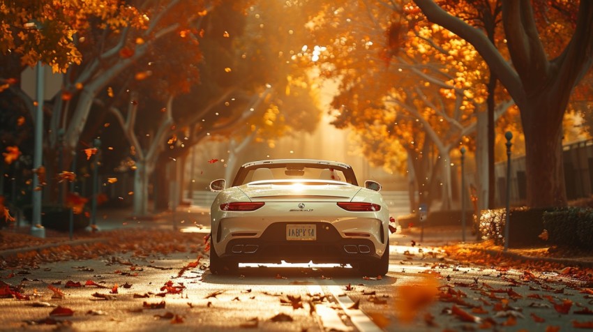A white convertible cruising down a tree lined boulevard with autumn leaves falling around it ,car wallpaper Aesthetics (94)