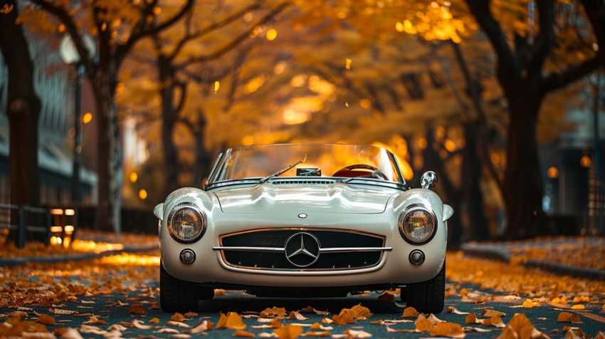 A white convertible cruising down a tree lined boulevard with autumn leaves falling around it ,car wallpaper Aesthetics (130)