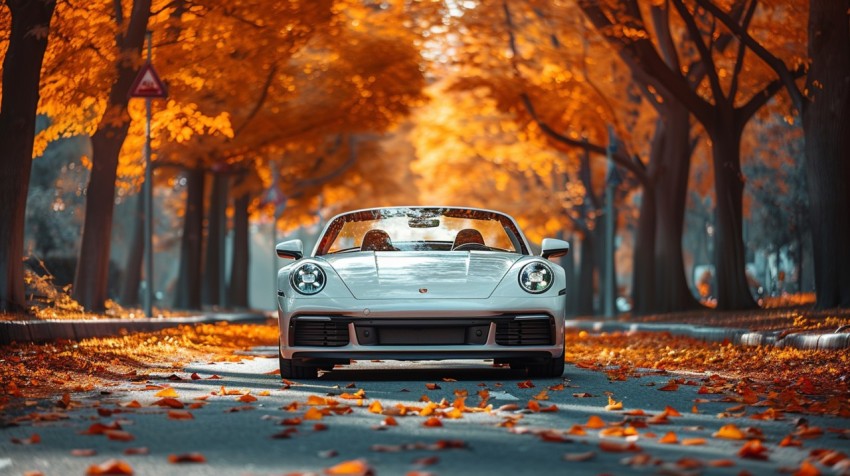 A white convertible cruising down a tree lined boulevard with autumn leaves falling around it ,car wallpaper Aesthetics (147)