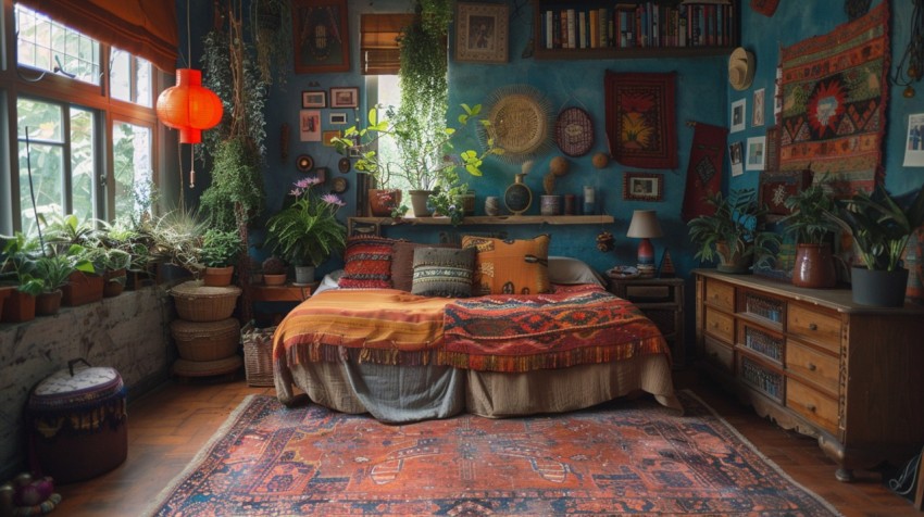 Cozy Bohemian Bedroom Design with Vibrant Colors and Patterns Aesthetic Idea (34)