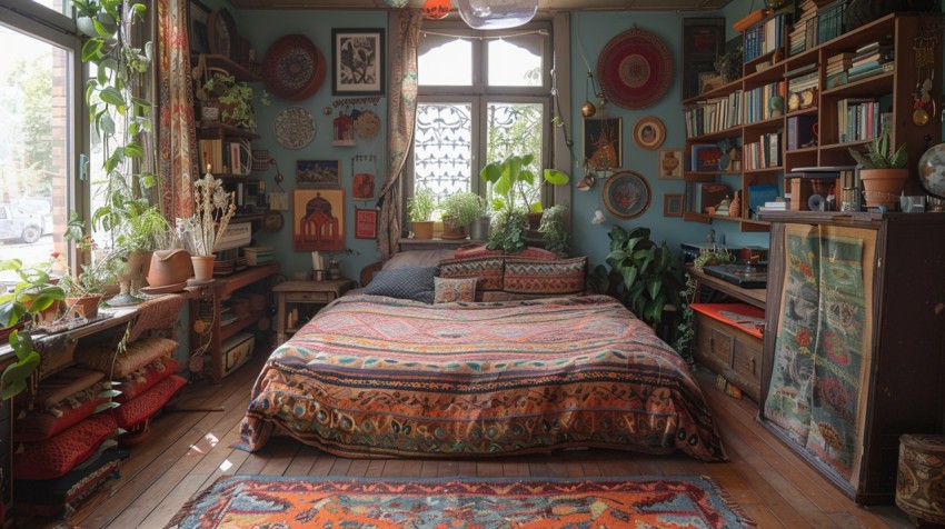 Cozy Bohemian Bedroom Design with Vibrant Colors and Patterns Aesthetic Idea (31)