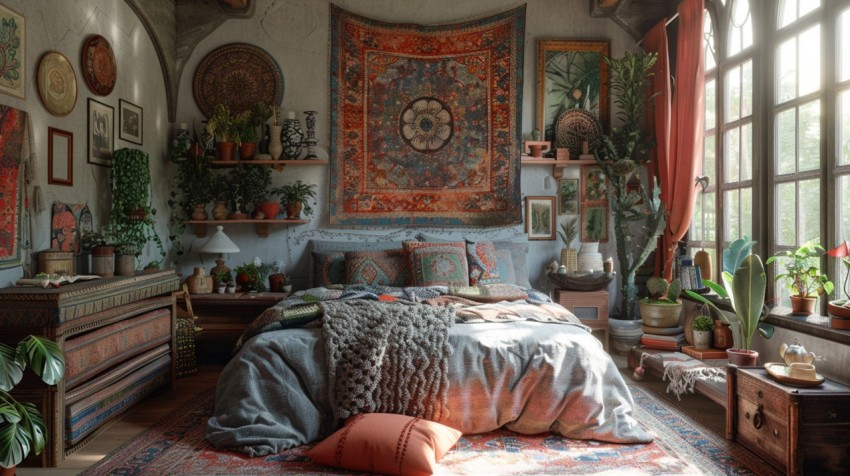 Cozy Bohemian Bedroom Design with Vibrant Colors and Patterns Aesthetic Idea (50)