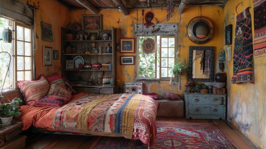 Cozy Bohemian Bedroom Design with Vibrant Colors and Patterns Aesthetic Idea (74)