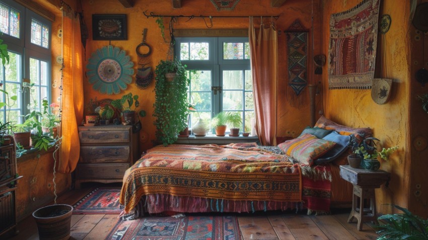 Cozy Bohemian Bedroom Design with Vibrant Colors and Patterns Aesthetic Idea (94)