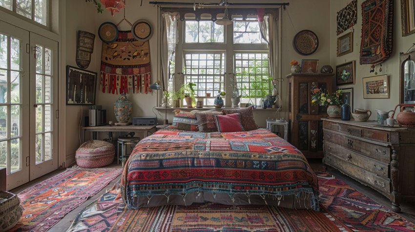 Cozy Bohemian Bedroom Design with Vibrant Colors and Patterns Aesthetic Idea (108)