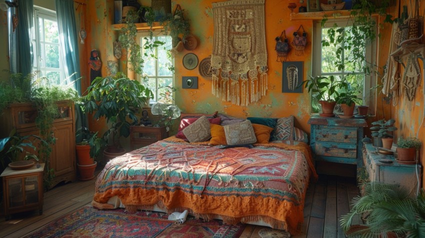 Cozy Bohemian Bedroom Design with Vibrant Colors and Patterns Aesthetic Idea (124)