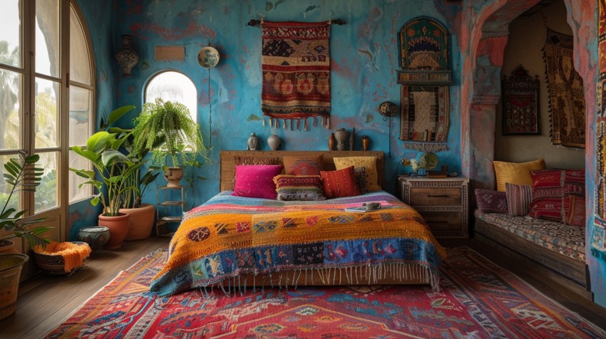 Cozy Bohemian Bedroom Design with Vibrant Colors and Patterns Aesthetic Idea (143)