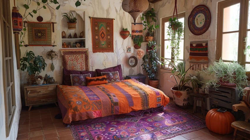 Cozy Bohemian Bedroom Design with Vibrant Colors and Patterns Aesthetic Idea (173)