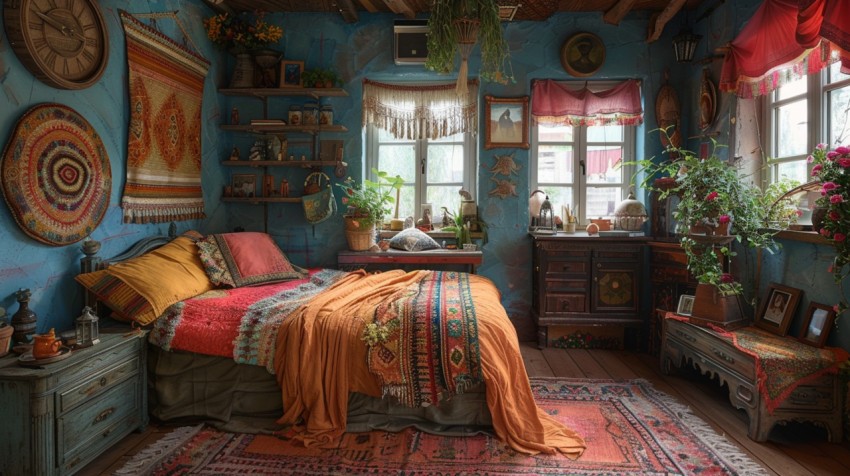 Cozy Bohemian Bedroom Design with Vibrant Colors and Patterns Aesthetic Idea (163)