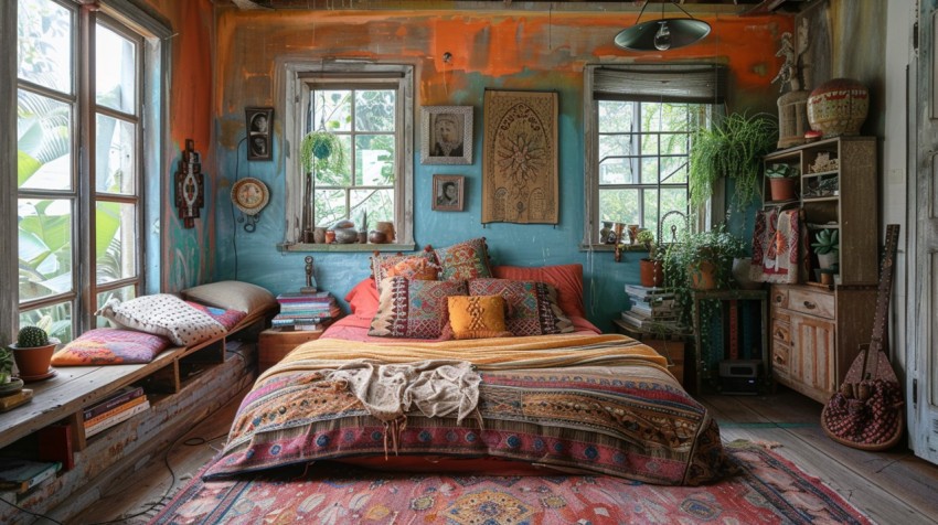 Cozy Bohemian Bedroom Design with Vibrant Colors and Patterns Aesthetic Idea (193)