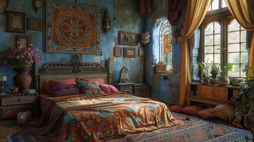 Cozy Bohemian Bedroom Design with Vibrant Colors and Patterns Aesthetic Idea (155)