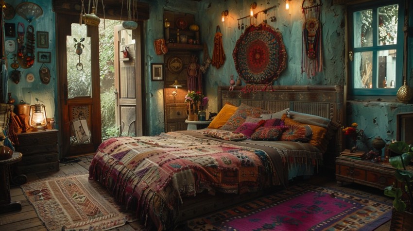 Cozy Bohemian Bedroom Design with Vibrant Colors and Patterns Aesthetic Idea (217)