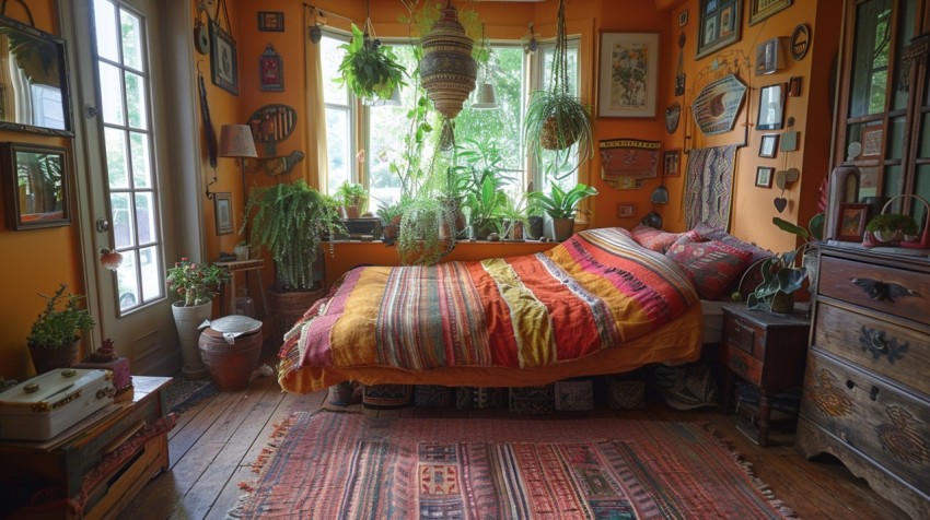 Cozy Bohemian Bedroom Design with Vibrant Colors and Patterns Aesthetic Idea (220)