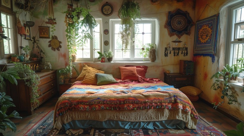 Cozy Bohemian Bedroom Design with Vibrant Colors and Patterns Aesthetic Idea (253)