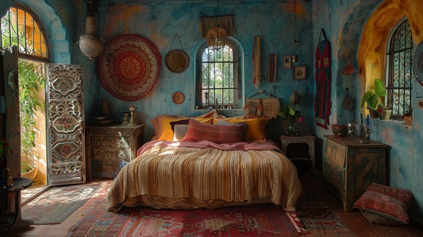 Cozy Bohemian Bedroom Design with Vibrant Colors and Patterns Aesthetic Idea (262)