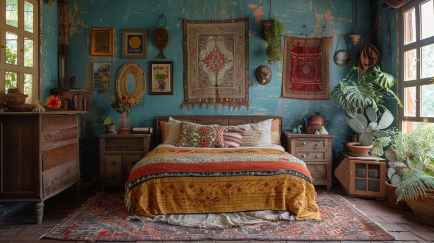 Cozy Bohemian Bedroom Design with Vibrant Colors and Patterns Aesthetic Idea (279)