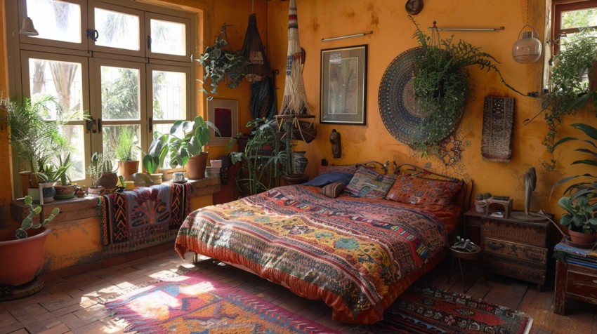 Cozy Bohemian Bedroom Design with Vibrant Colors and Patterns Aesthetic Idea (347)