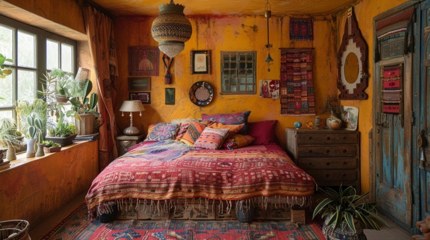 Cozy Bohemian Bedroom Design with Vibrant Colors and Patterns Aesthetic Idea (381)