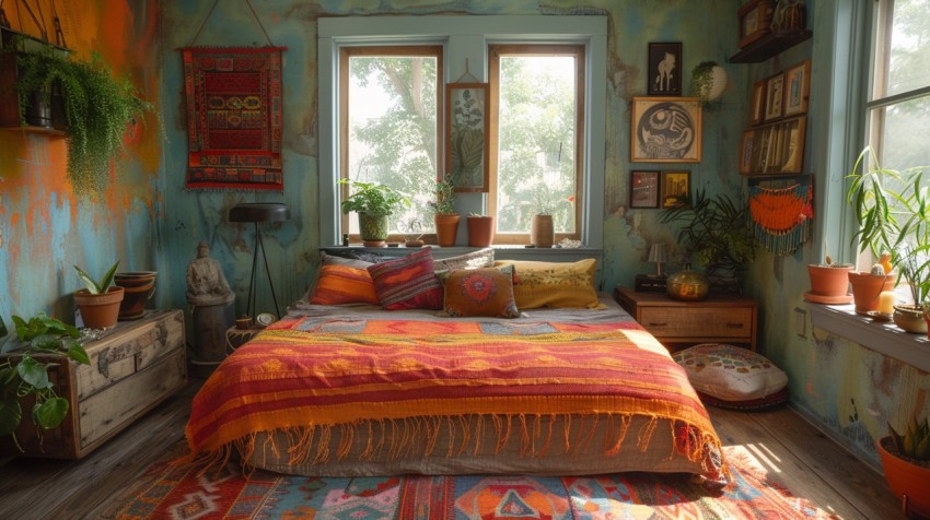 Cozy Bohemian Bedroom Design with Vibrant Colors and Patterns Aesthetic Idea (380)