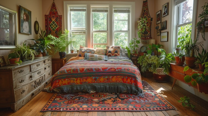 Cozy Bohemian Bedroom Design with Vibrant Colors and Patterns Aesthetic Idea (389)