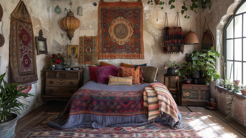 Cozy Bohemian Bedroom Design with Vibrant Colors and Patterns Aesthetic Idea (374)