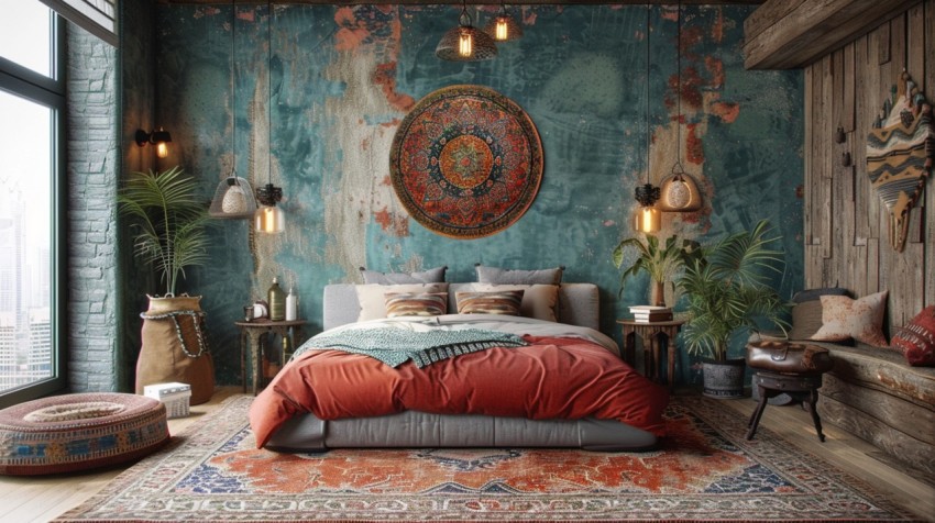 Cozy Bohemian Bedroom Design with Vibrant Colors and Patterns Aesthetic Idea (444)